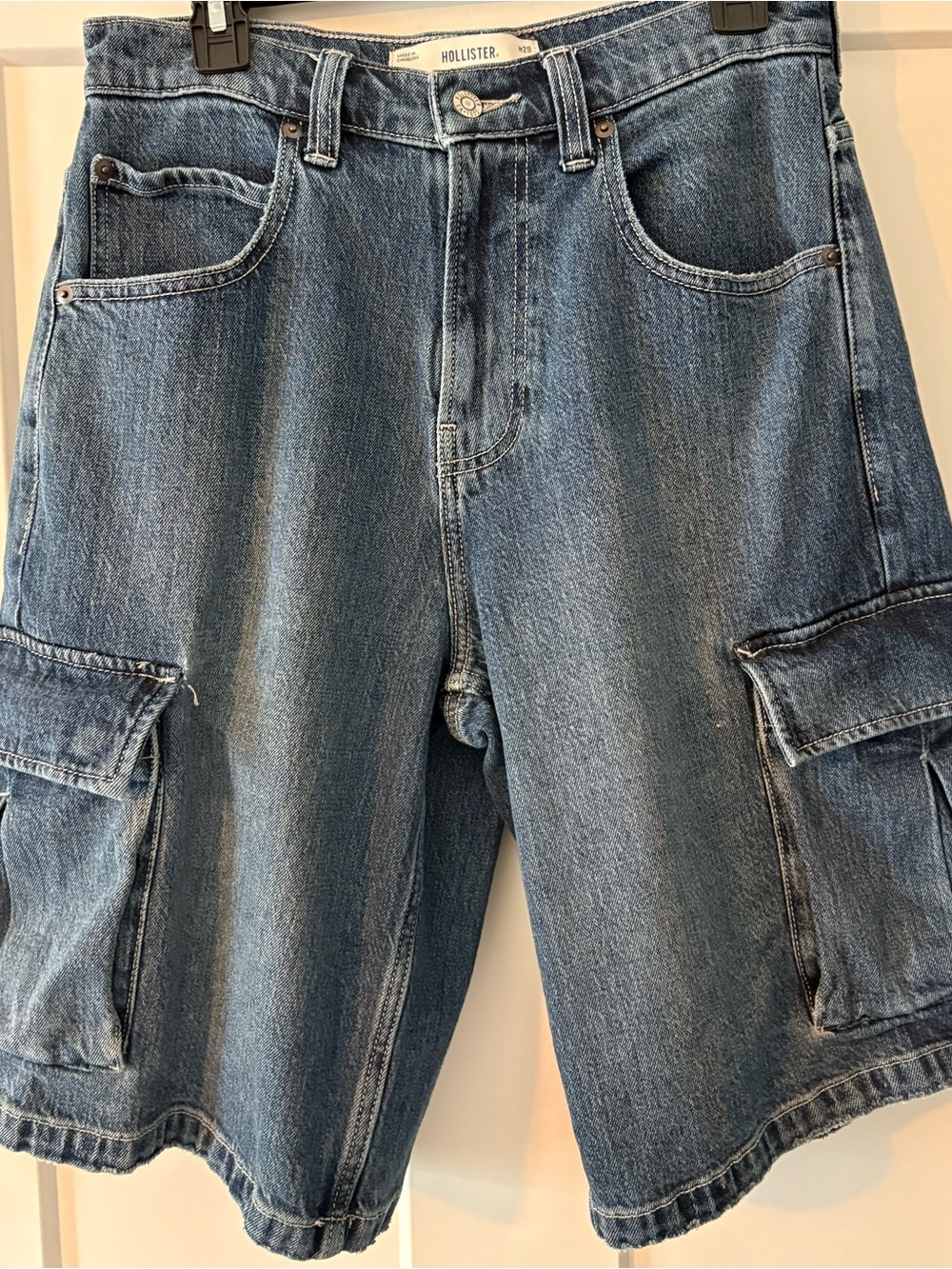 Hollister Men's Washed Blue Denim Cargo Shorts